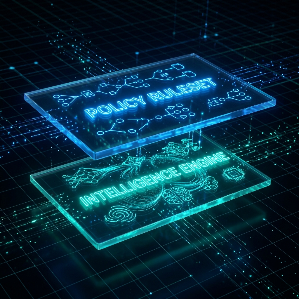 A visualization of a separated policy ruleset layer and intelligence engine layer