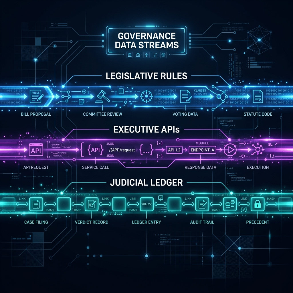Diagram showing Legislative Rules, Executive APIs, and Judicial Ledger tracks