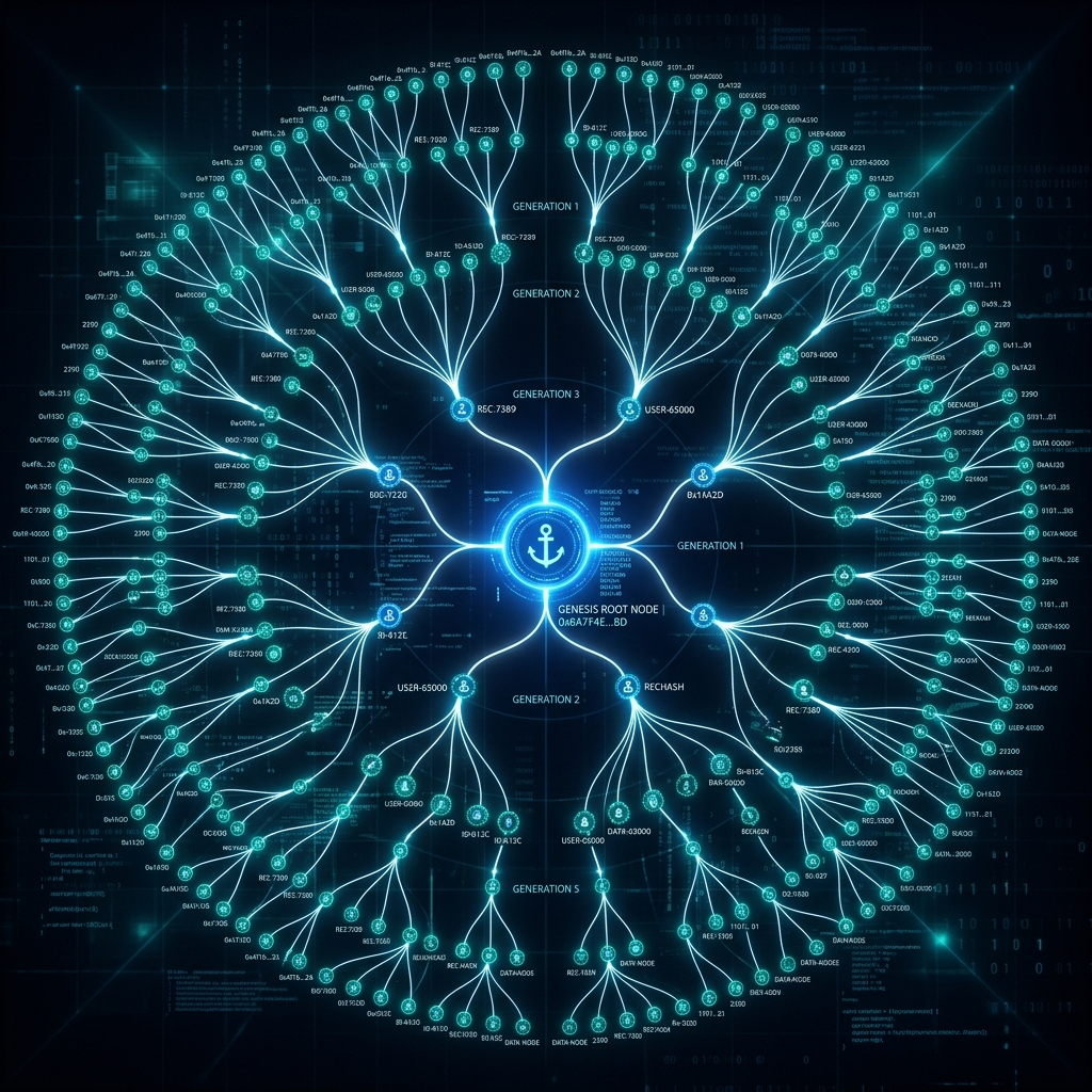 Branching node tree lines connecting multiple nodes to a single lineage root