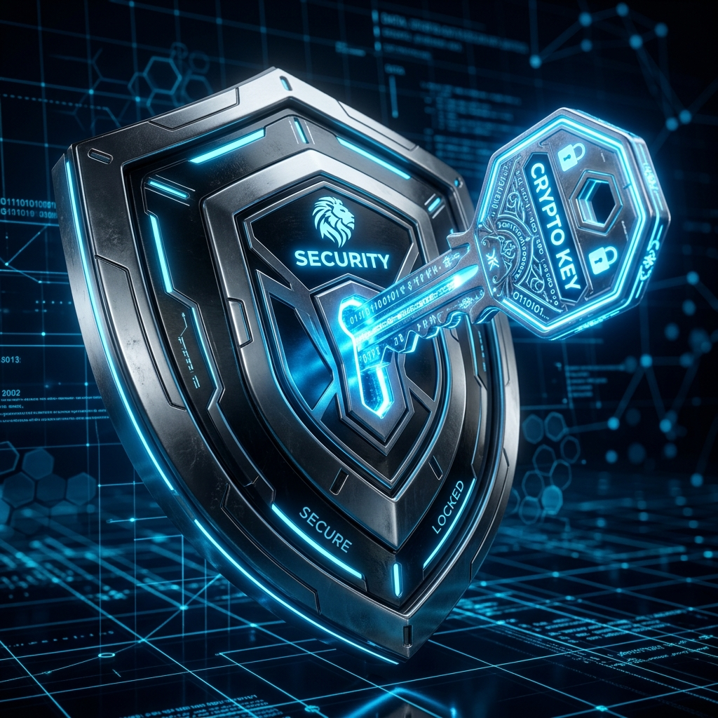Glowing key and shield interlocked in cryptographic alignment