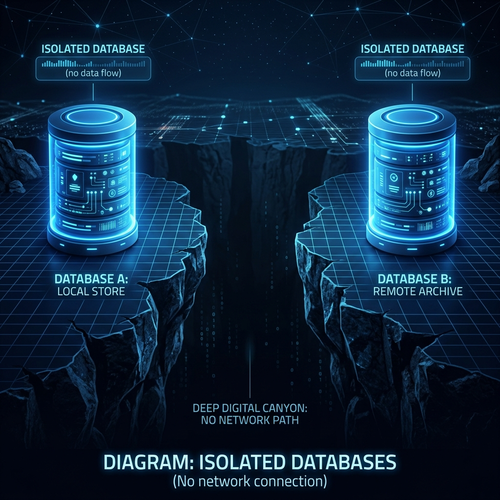 Two database cylinder silos isolated by a deep grid gap chasm
